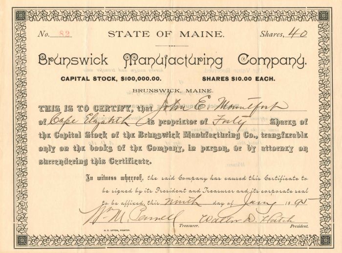 Brunswick Manufacturing Co. - Stock Certificate