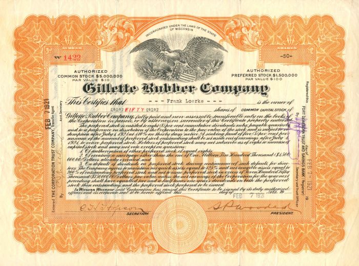 Gillette Rubber Co. - Stock Certificate