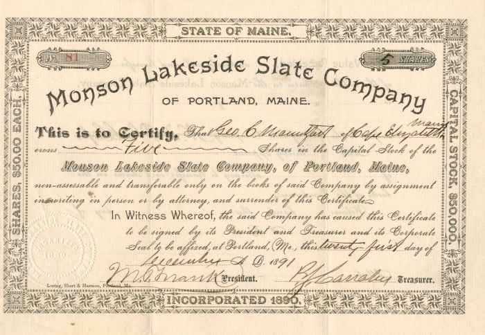 Monson Lakeside Slate Co. - Stock Certificate