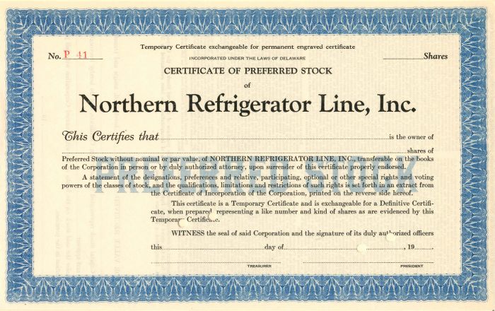 Northern Refrigerator Line, Inc. - Stock Certificate