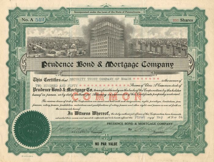 Prudence Bond and Mortgage Co. - Stock Certificate