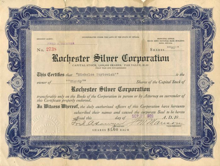 Rochester Silver Corporation - Stock Certificate