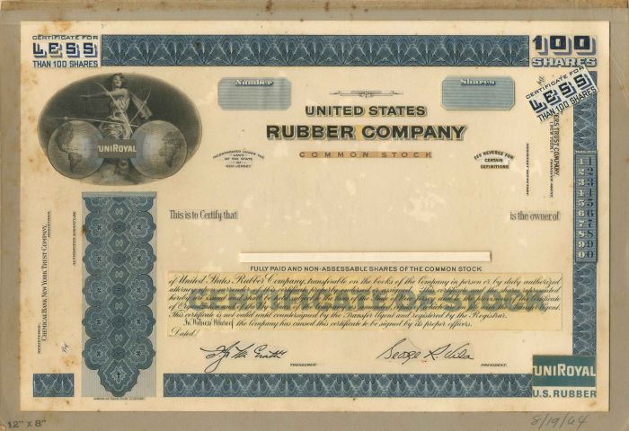 United States Rubber Co. - Working Proof - Stock Certificate