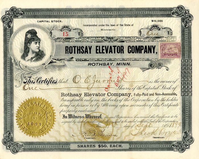 Rothsay Elevator Co., Rothsay, Minn. - Stock Certificate