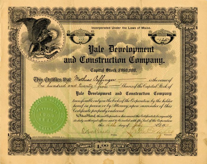 Yale Development and Construction Co. - Stock Certificate