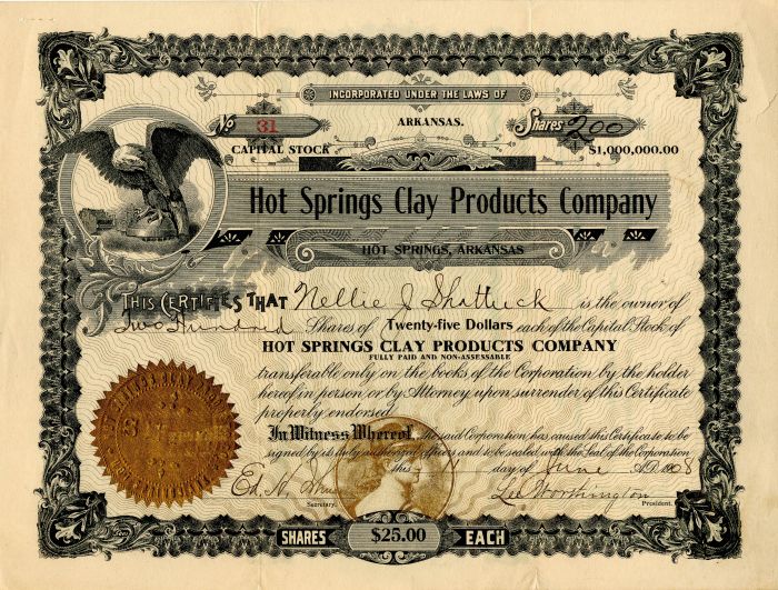 Hot Springs Clay Products Co. - Stock Certificate
