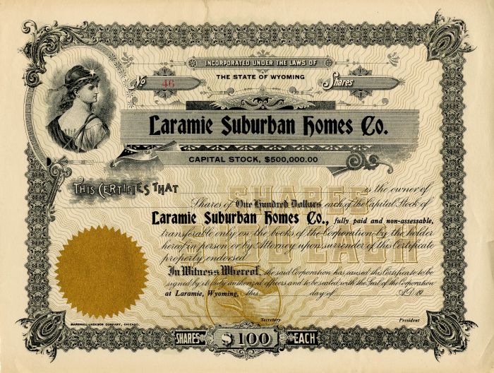 Laramie Suburban Homes Co. - Stock Certificate
