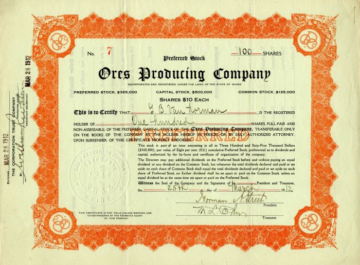 Ores Producing Co. - Stock Certificate
