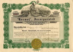 Rozwoj, Incorporated - Stock Certificate