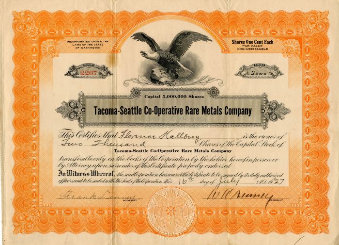 Tacoma-Seattle Co-Operative Rare Metals Co. - Stock Certificate