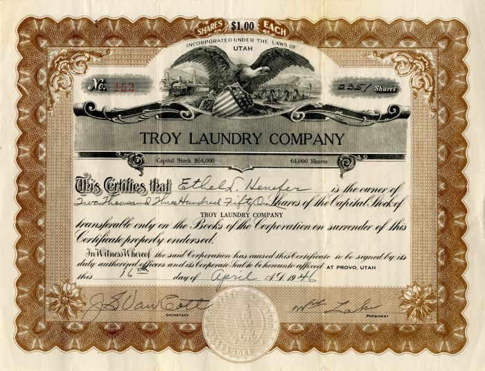 Troy Laundry Co. - Stock Certificate