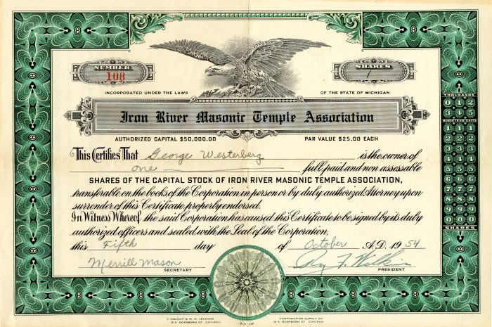 Iron River Masonic Temple Association - Stock Certificate