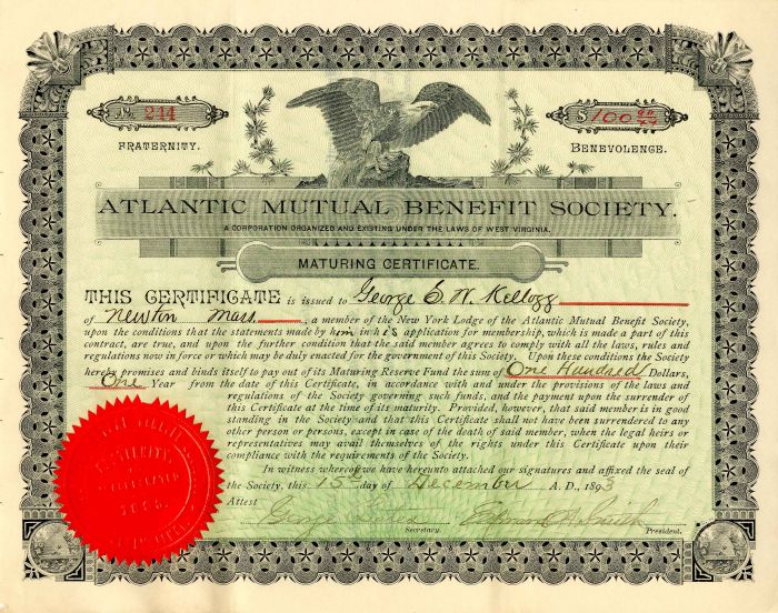 Atlantic Mutual Benefit Society - Stock Certificate