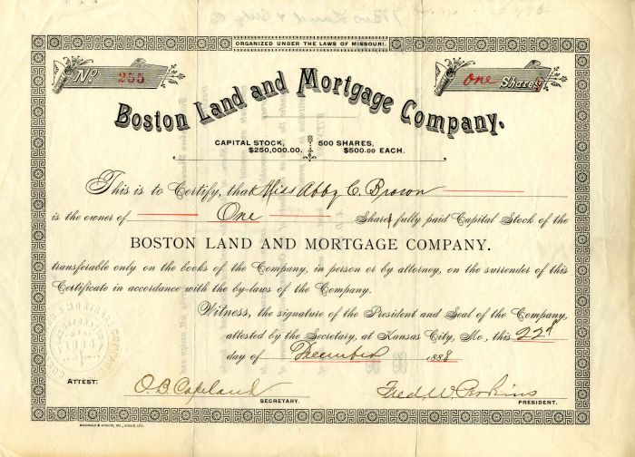 Boston Land and Mortgage Co. - Stock Certificate