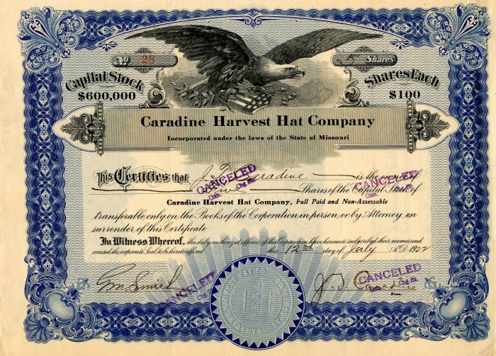 Caradine Harvet Hat Co. - Stock Certificate