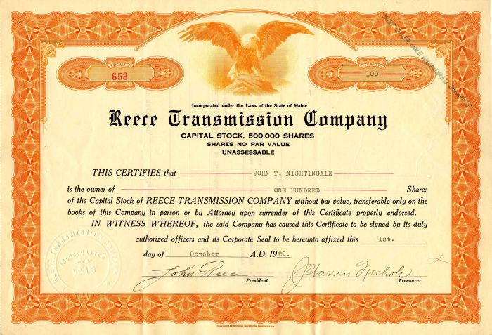 Reece Transmission Co. - Stock Certificate