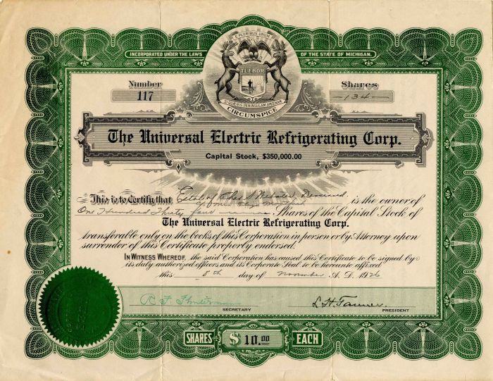 Universal Electric Refrigerating Corp. - Stock Certificate