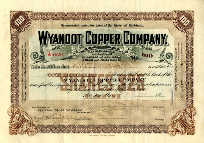 Wyandot Copper Co. - Mining Stock Certificate