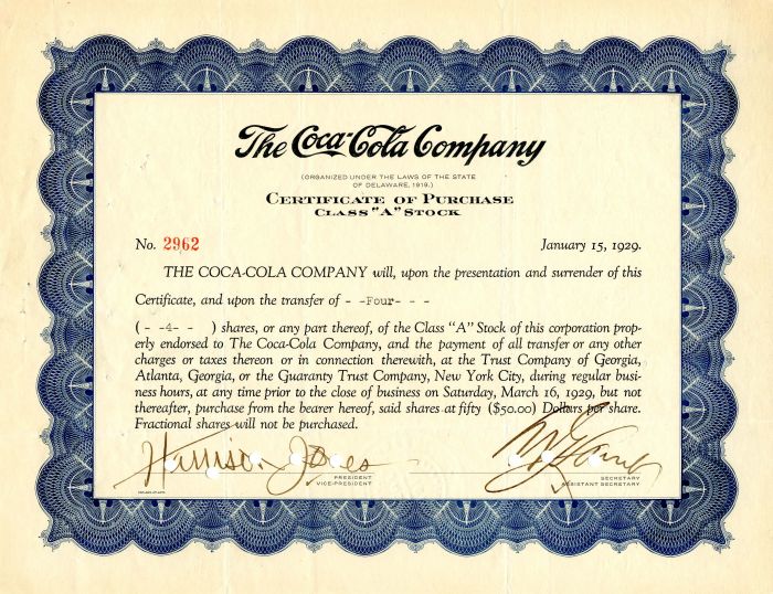 Coca-Cola Co. - 1929 dated Certificate of Purchase - Famous Soda Company