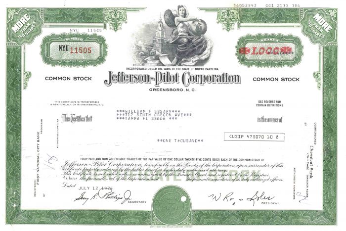 Jefferson-Pilot Corporation - Stock Certificate