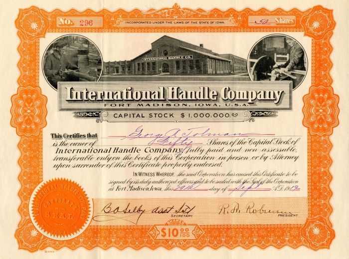 International Handle Co. - 1919 dated Stock Certificate