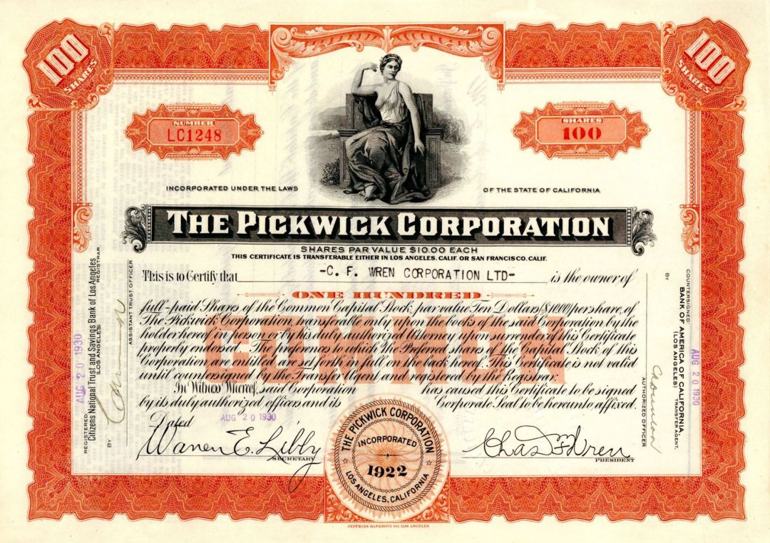 Pickwick Corp. - 1930 Stock Certificate