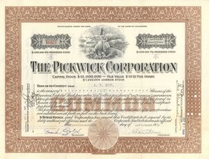 Pickwick Corp. - 1920's-30's Stock Certificate