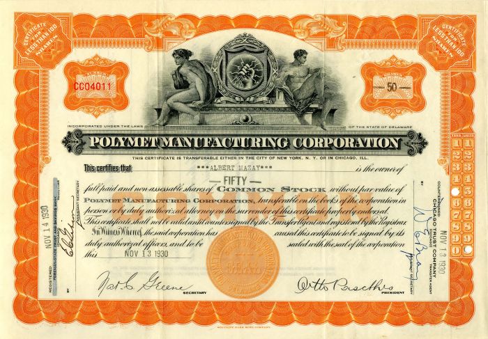 Polymet Manufacturing Corporation - 1930 dated Television Company Stock Certificate