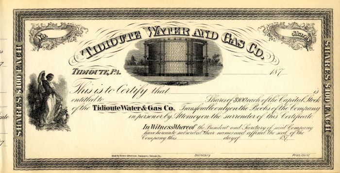 Tidioute Water and Gas Co. - Utility Unissued Stock Certificate