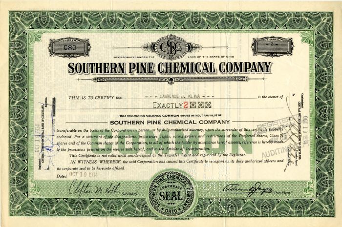 Southern Pine Chemical Co. - Stock Certificate