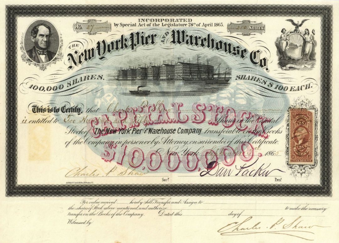 New York Pier and Warehouse Co. - Shipping Stock Certificate - Gorgeous Front and Back