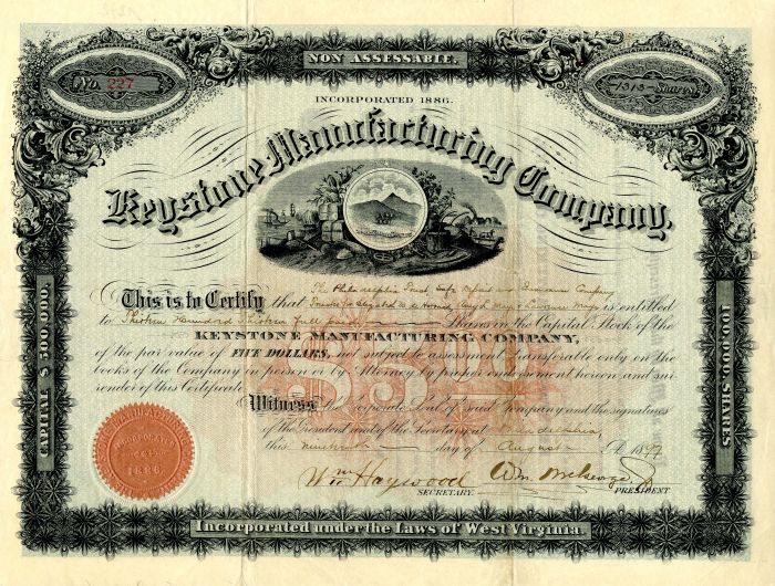 Keystone Manufacturing Co. - 1897 dated West Virginia Inc. Stock Certificate