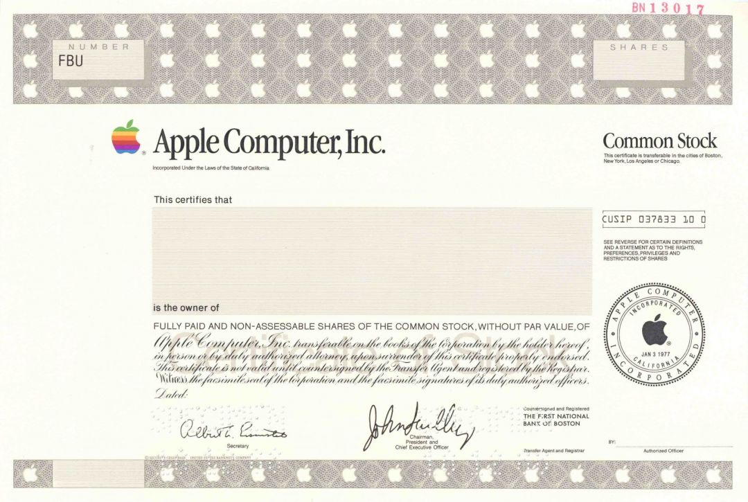 APPLE Computer SPECIMEN Common 1988 dated Stock Certificate - Printed Signature of John Sculley III - Extremely Popular