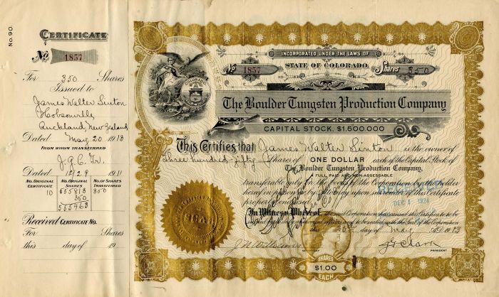 Boulder Tungsten Production Co. - Chemical Element Stock Certificate