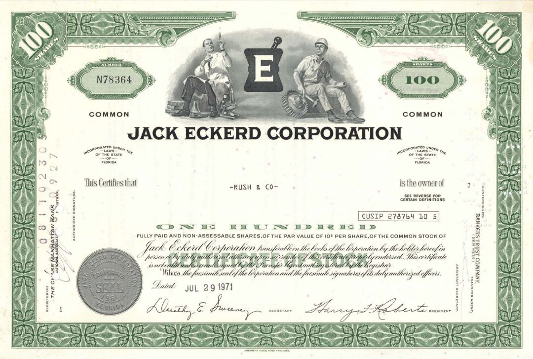 Jack Eckerd Corporation - American Drug Store Chain Stock Certificate
