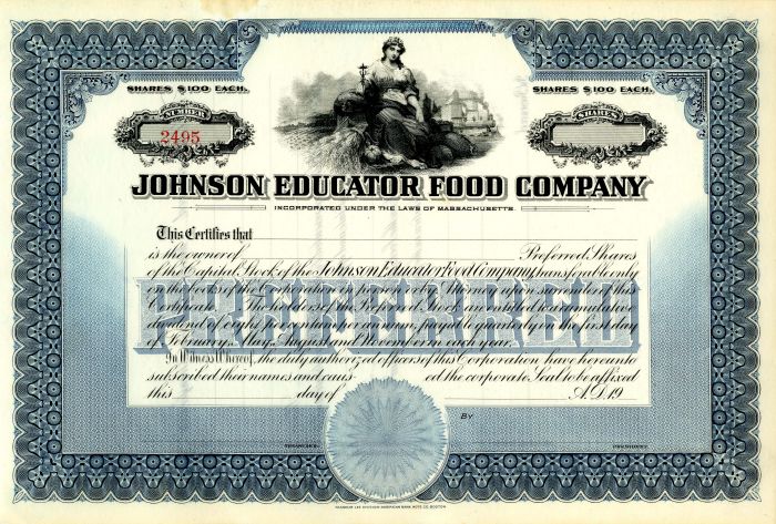Johnson Educator Food Co. - 1920's Unissued Stock Certificate