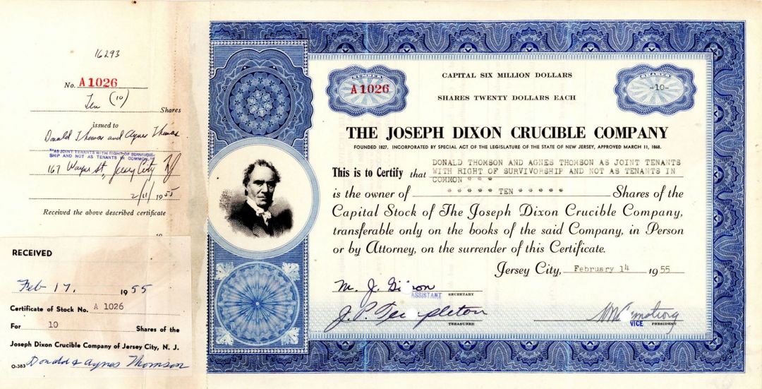 Joseph Dixon Crucible Co. - 1955 Stock Certificate