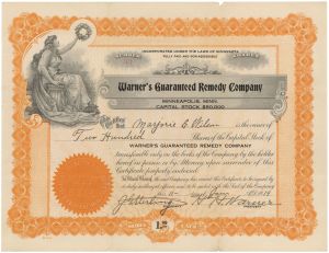 Warner's Guaranteed Remedy Co. - 1919 dated Stock Certificate from Minneapolis, Minnesota