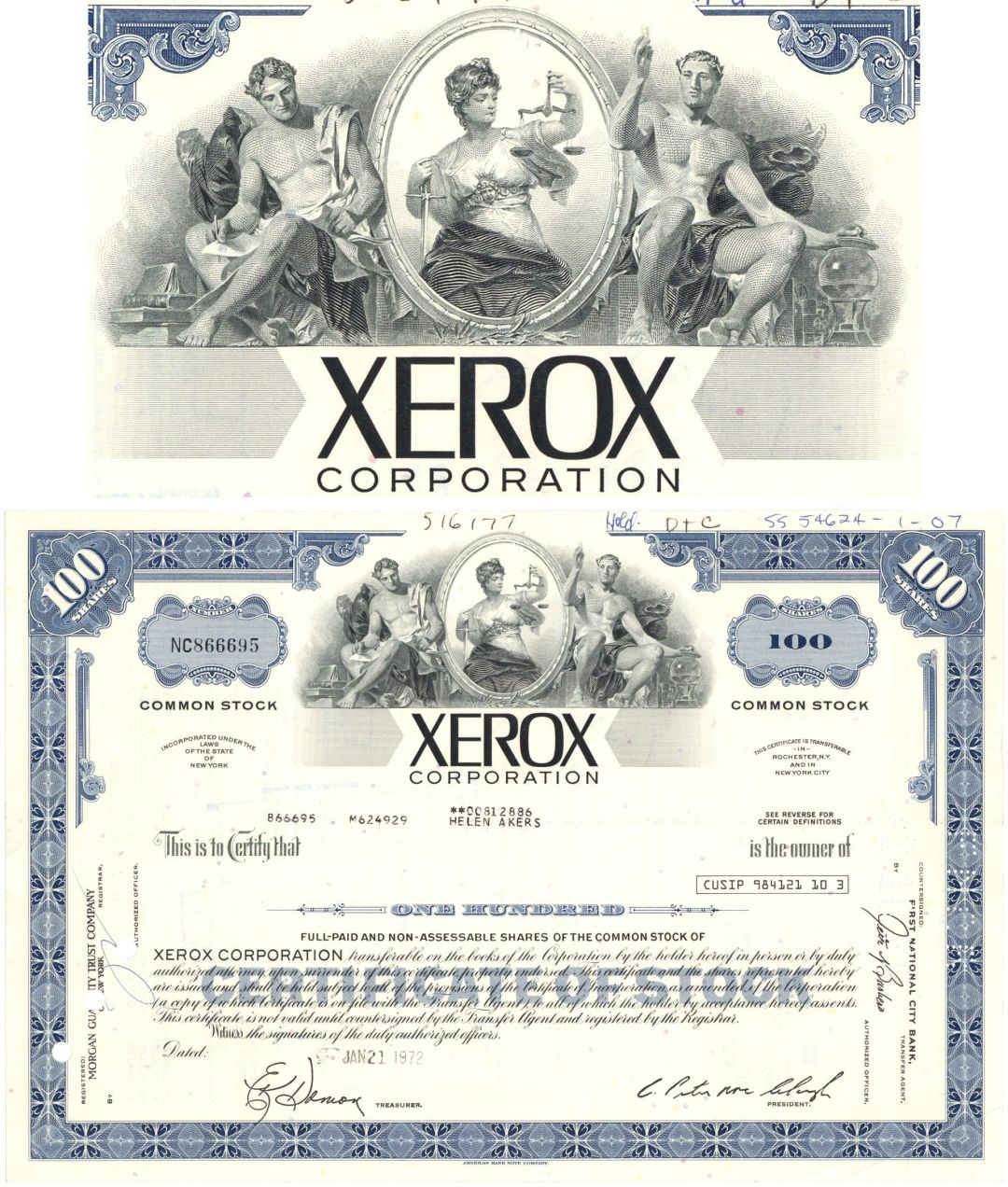 Xerox Corporation - 1972 dated Stock Certificate - Very Rare - Available in Blue