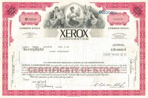 Xerox Corporation - 1970's dated Stock Certificate - Very Rare - Available in Green or Red (Red has margin Tear) - Please Specify Color