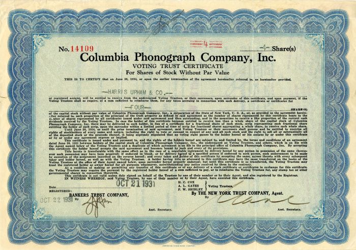 Columbia Phonograph Co., Inc. - Stock Certificate