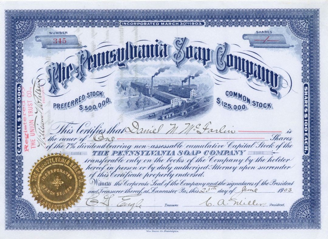 Pennsylvania Soap Co. - 1903 or 1905 dated Stock Certificate
