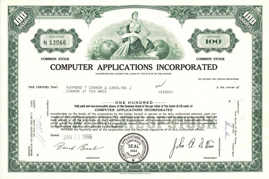 Computer Applications Inc. - 1960's dated Technology Stock Certificate - Early Computer Age