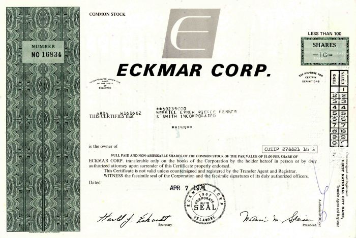Eckmar Corporation - Stock Certificate
