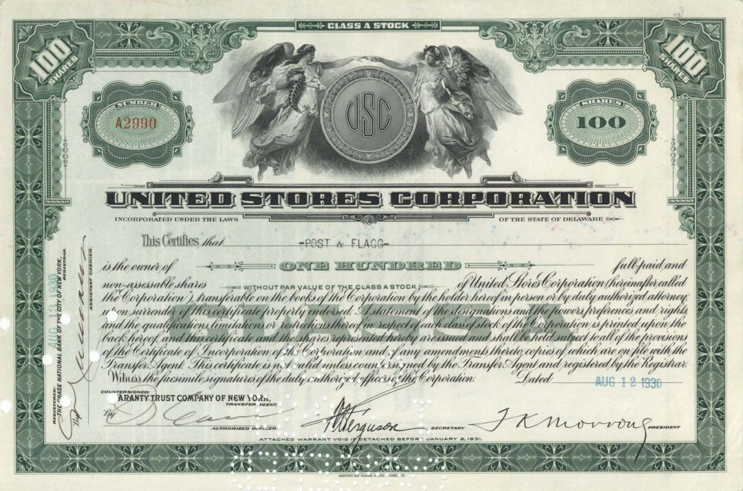 United Stores Corporation - 1930's dated Stock Certificate