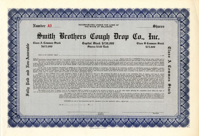 Smith Brothers Cough Drop Co., Inc. - Stock Certificate