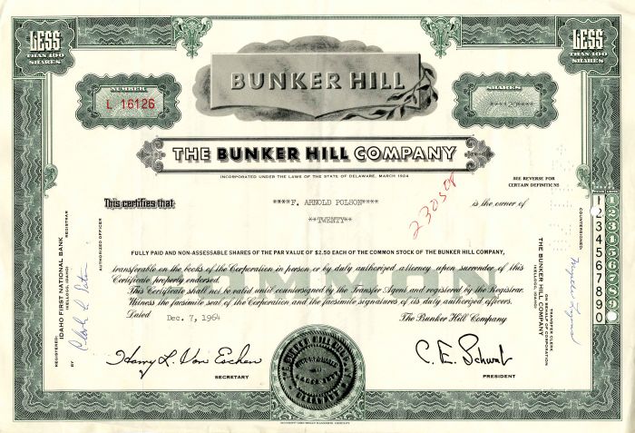 Bunker Hill Co. - Stock Certificate