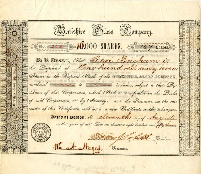 Berkshire Glass Co. - Stock Certificate