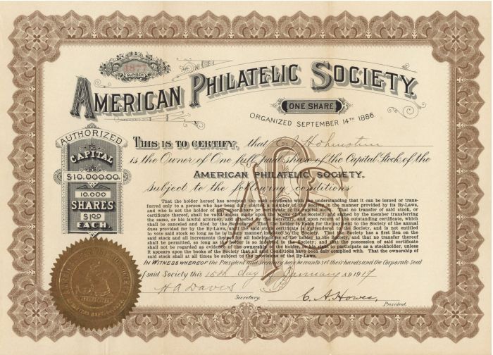 American Philatelic Society - Stock Certificate