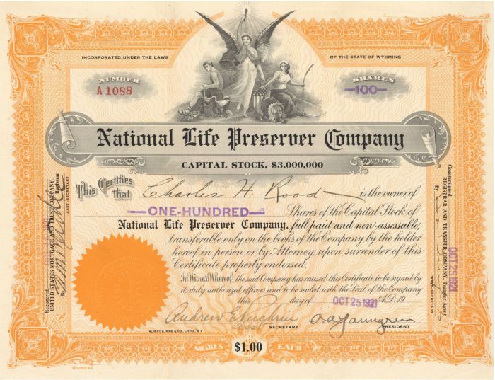 National Life Preserver Co. - Stock Certificate